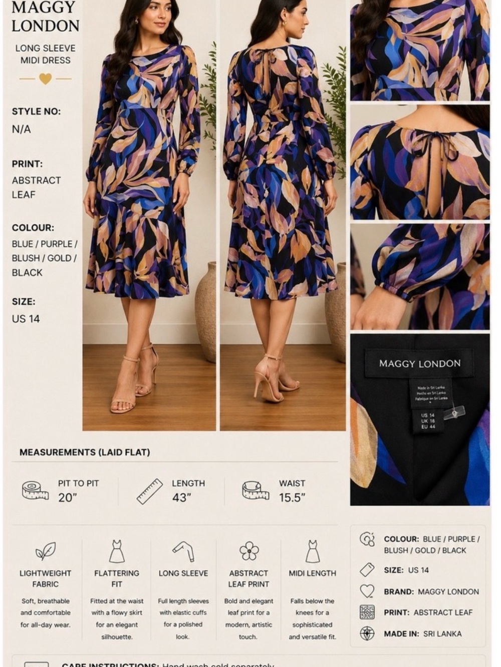 Maggy London Blue Purple Blush Gold Black Abstract Leaf Midi Dress